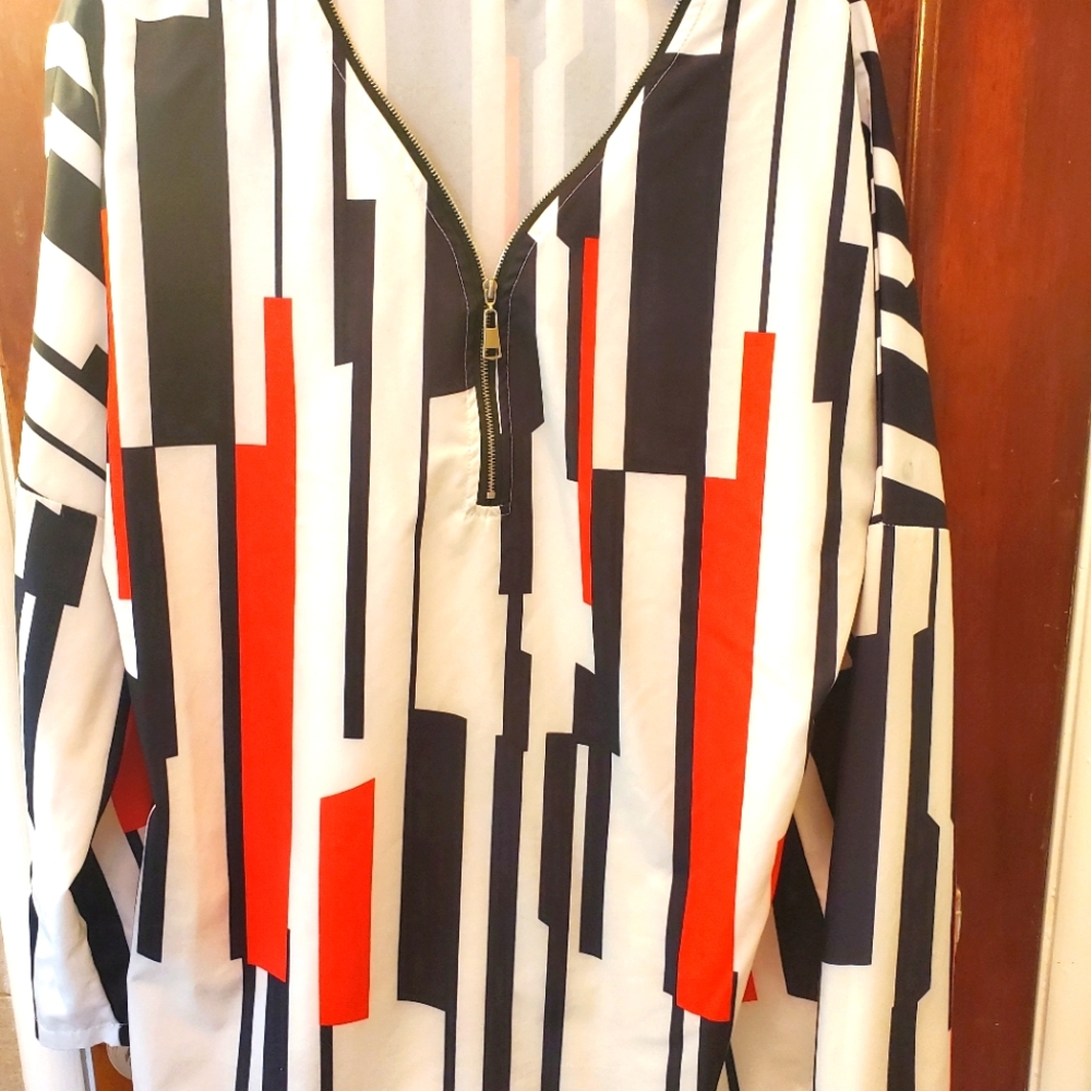 Black, Red,  & White Blouse